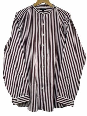 J. Peterman Company Striped Band Collar Shirt Burgundy White XL Made in USA